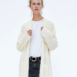 Zara White Ribbed Cardigan With Pockets